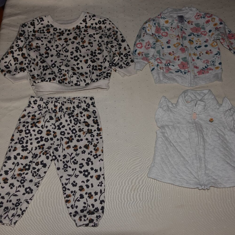LOT OF (4) INFANT GIRL OUTFIT AND CLOTHING SIZE 6-9 MONTHES: CARTERS, GARANIMALS